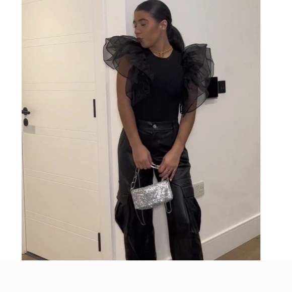 Zara Black Bodysuit with Oversized Sheer Puff Sleeves - Picture 2 of 5